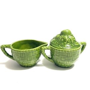 VINTAGE 1960s Green Ceramic Basket Weave Sugar & Creamer Set